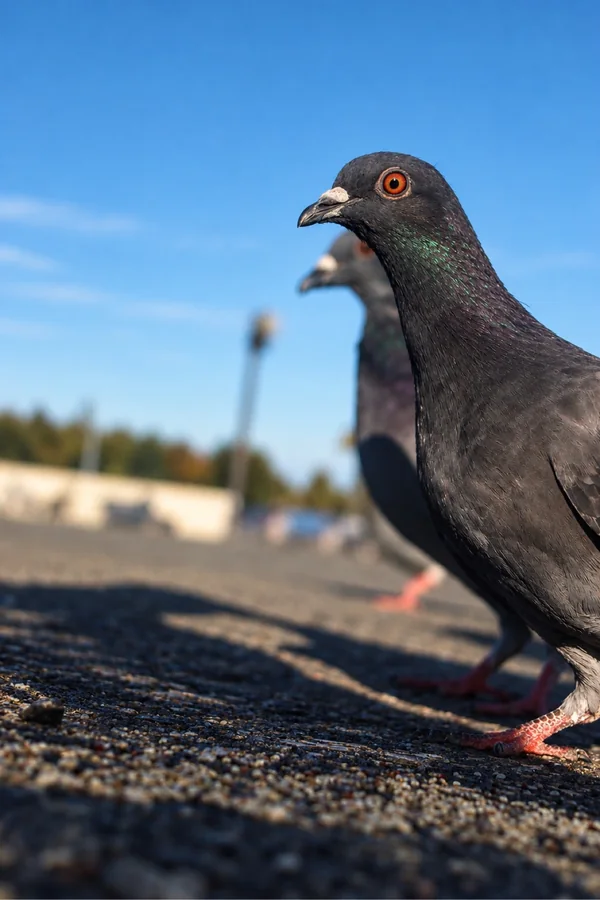 Two pigeons photographed close-up from ground level against a blue sky